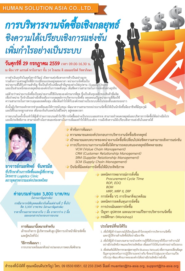 อบรมพัฒนาศักยภาพเชิงปฏิบัติการ หัวข้อ “การบริหารงานจัดซื้อเชิงกลยุทธ์ ชิงความได้เปรียบเชิงการแข่งขัน เพิ่มกำไรอย่างเป็นระบบ”