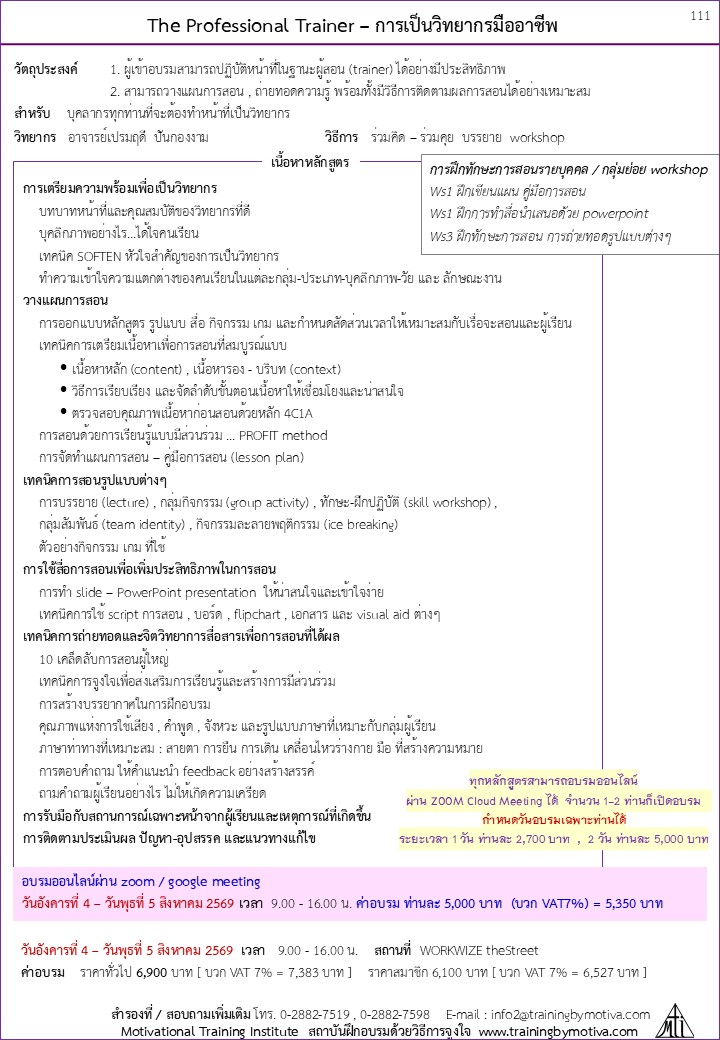 The Professional Trainer – การเป็นวิทยากรมืออาชีพ   (หลักสูตร 2 วัน)